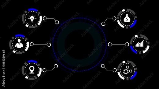 Training HUD interface with connected learning modules. Training dashboard for skill development and performance tracking. Digital training system visualization. Skill, plan, goal and base.