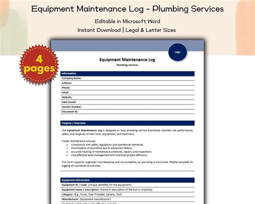 Equipment Maintenance Log Plumbing Services Form Editable and Printable Template, Plumbing Contractors and Service Companies Providers - Etsy