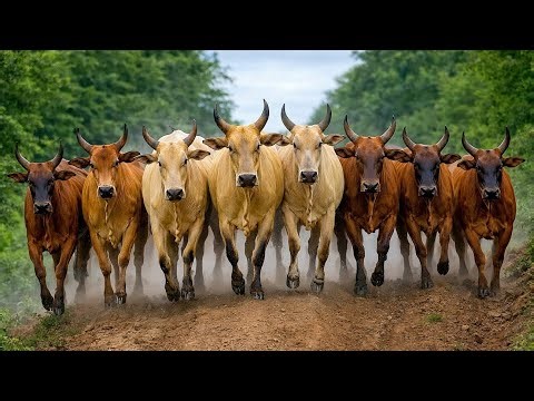 Funny Cow Running Down the Rice Field Hill in the Morning Walking from the Pen to the Field