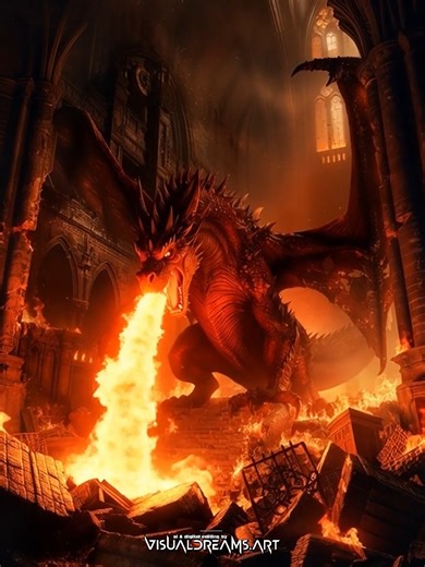 The bells did not toll for a funeral today - they tolled for the end of an age. From the heart of the ruins, the Crimson King rises, his scales reflecting the very inferno he brought to these sacred halls. You cannot seek mercy from a creature whose blood is liquid fire. Stand back as the sanctuary burns, for the dragon has finally come home to roost in the ruins of human pride. | VisualDreams.art - Dragons & Fantasy Creatures - AI