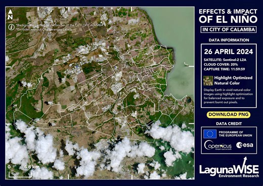 WATCH: Here's a video comparison in the City of Calamba taken by Sentinel-2 L2A showing the extreme drought this April 2024 amidst the sweltering dry season boosted by El Niño. The City of Calamba in Laguna has witnessed an unprecedented environmental shift, driven by the extreme heat of the dry season and exacerbated by the El Niño phenomenon. A visual comparison captured by Sentinel-2 L2A satellites shows the extreme dryness of the land and its significant impact on the landscape as of April 2