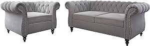 2 Piece Living Room Set, Velvet Chesterfield Sofa Loveseat Couch Chair with Scroll Arms and Nailhead for Living Room, Office (Grey)