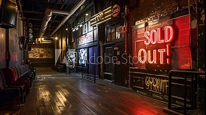 Neon "SOLD OUT" sign in neon outside a comedy club tracking across the hallway