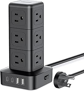 NTONPOWER Compact Surge Protector Power Strip Tower, 1080J Surge Protector Tower, 12 AC Outlets 4 USB(2 USB C), 13A/1625W Overload Protection, 5ft Extension Cord Tower Power Strip for Office Home Dorm