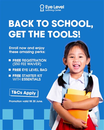 ✨ Back to School, Get The Tools!   Enrol with Eye Level today and enjoy: ✅ $50 Registration Fee Waiver ✅ FREE Bag & Starter Kit to kick things off right! Give your child the boost they need in Math and English with our personalised learning programmes. ⏳ Offer ends 30 June – Don’t miss out!  Visit your nearest Eye Level Learning Center now!  Let’s make this school year the best one yet! *T&Cs apply. | Eye Level Singapore | Facebook