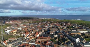 Aerial push-in shot above Berwick Upon Tweed heading Northeast
