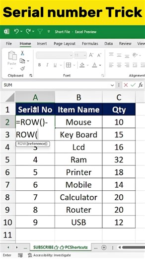How to Auto-Update Serial Numbers after Deleting Rows #excel #excelshorts #exceltricks