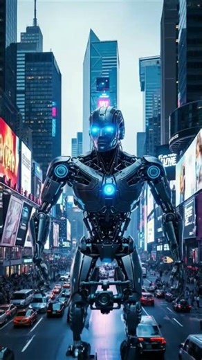 an ai video of a robot waking in times square