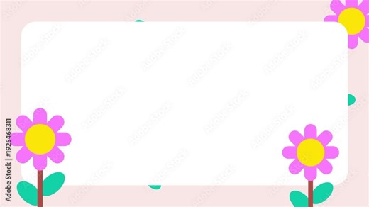 A light pink frame features two cheerful purple flowers with yellow centers growing from the bottom corners while small green leaves float gently across the soft and airy pastel background