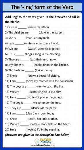📝 The '-ing' form of the Verb | Worksheet with Answers 🧑🏻‍🏫 | English Grammar for School #english