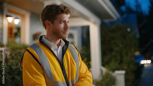 A neighborhood watch volunteer patrolling suburban streets with a reflective vest and radio, checking for unusual activity under warm porch lights — community safety, local involvement, and