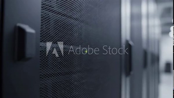 Server rack provides essential data storage and processing, close-up detail view of server hardware. Server rack elements, like cooling systems and power supplies, ensure efficient operation.