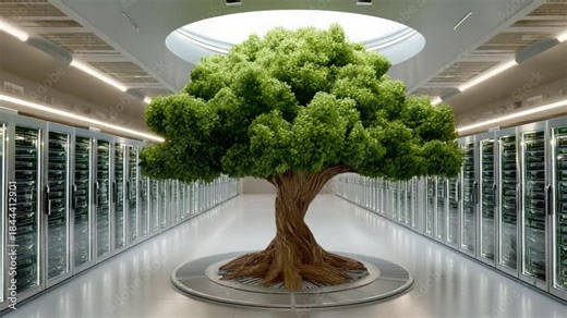 Data Center Eco-Tree: A vibrant tree thriving within a state-of-the-art data center symbolizes the harmony between technology and nature.