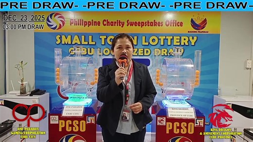 December 23, 2025 / Tuesday 03:00 PM DRAW Pre-Draw / Actual Draw Small Town Lottery Cebu Localized Draw One Paradox Gaming Corporation Small Town Lottery (Cebu City) King Dragon Gaming and Amusement Corporation (Province of Cebu) Philippine Charity Sweepstakes Office - Cebu Branch | PCSO Cebu STL Localized Draw - Cebu City and Cebu Province