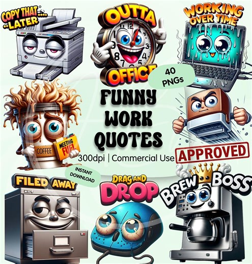 Funny Work Quotes Clipart PNG Bundle, Humorous Office Humor Stickers, Funny Workplace Characters Graphics for Sublimation, Commercial Use - Etsy