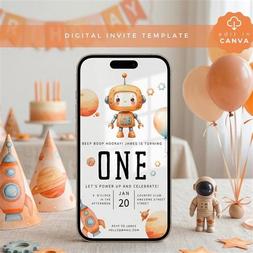 Robot Birthday Invitation Template , Orange Space Theme, Editable Canva Phone Invite, CHAR02 - Etsy