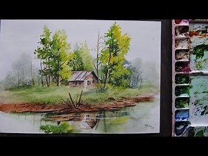 How to paint a simple riverside scenery with watercolor step by step