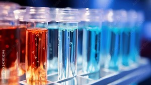 A row of test tubes filled with liquid. Ideal for scientific research and laboratory concepts.