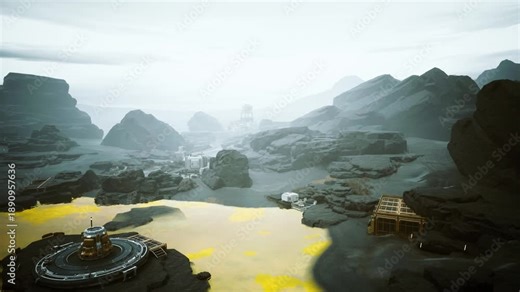 misty alien valley yellow lagoon rocky mesas, abandoned mining outpost on shore, autonomous drones surveying sediment pools, exploration team tracks winding