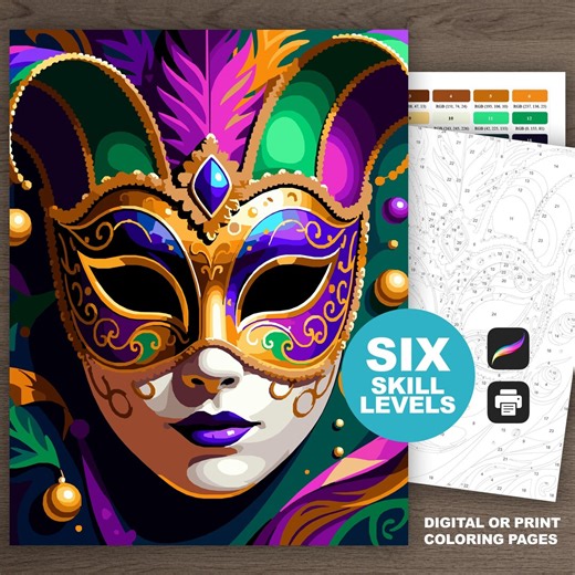 Masquerade Mask Paint by Number: Mardi Gras Coloring Pages (procreate, Printable, 6 Skill Levels) - Etsy