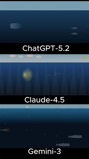 Same prompt for 3 ai models:Create a single-file HTML animation of a scuba diver swimming horisontally deep into the dark ocean with a light harpoon.side view.some different small fishes near him 2 Huge sharks(3 times bigger the scuba diver).fishes and sharks moving out of the way when diver approaches.smooth transitions and seamless looping. waves sunny weather above the water. Who did it better? Follow Aicheckerfor more! #ChatGPT #Claude #Gemini #AIvsAI | Aichecker