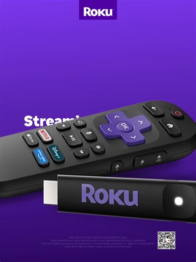 🎬 Este Buen Fin, haz tu pantalla más inteligente y vive el streaming sin complicaciones con Roku 💜. � 📺 Roku® Streaming Stick® — $599 MXN Para los que empiezan a descubrir el streaming. Simple, rápido y sin cables. 👉 Encuéntralos en tiendas y plataformas participantes del 13 al 17 de noviembre de 2025. Términos y condiciones: � Vigencia durante El Buen Fin 2025 o hasta agotar existencias.� Precios sugeridos al público. Pueden variar entre tiendas, regiones o plataformas en línea. � Consulta 