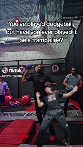 Think you can out-dodge Justin? PROVE IT! 👇 Book your Action Pass on our website today... unless you're chicken 🐔 url in comments #SpyNinjas #SpyNinjasHQ #HQ #LasVegas #Trampoline #Dodgeball