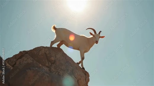 White mountain goat sunlit rocky ridge and backlit peak with clear blue sky, serene goat rock ridge
