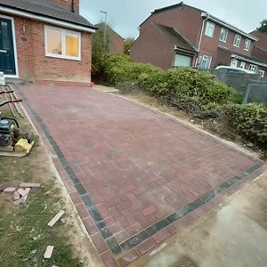 Before and after of a new block paved driveway we installed with a new sandstone patio at the rear with a soakaway installed and a new custom gate . A very happy customer | R.C Landscapes