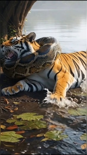 Tiger vs Giant Python at Riverbank Real Wildlife Ambush Caught on Camera #shorts #viral #shortviral