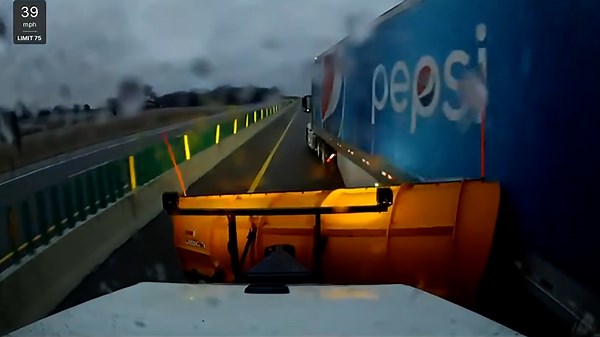 Moment semi truck scrapes against snowplow while changing lanes on Oklahoma highway