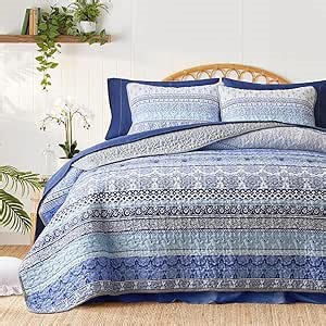 Tititada 3 Pieces Colorful Bohemian Quilt Set King Size, Blue n Grey Boho Striped Printed Bedding Bedspread Coverlet Set for Summer, Soft Lightweight Microfiber Quilt with 2 Shams (102x88 inces)