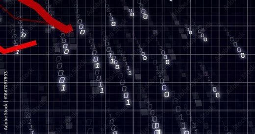 Binary digits cascading down grid starting red line graph dipping then rising, visualizing trend
