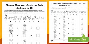 Chinese New Year Crack the Code Addition to 10 Maths Worksheets