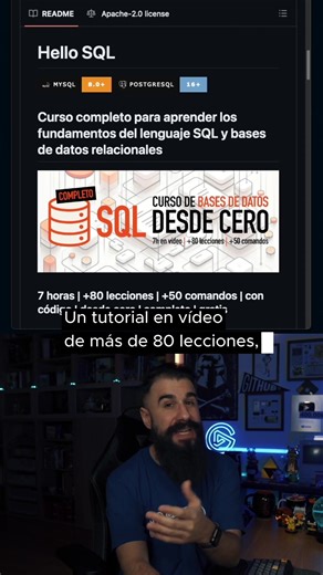 Si quieres aprender Bases de Datos y SQL, este es mi curso Gratis: ⇨ 7 horas en vídeo ⇨ 80 lecciones ⇨ 50 comandos ⇨ Todo el código disponible en 🔗 mouredev.link/sql Aprender a trabajar con bases de datos y el lenguaje SQL es una habilidad esencial como programadores. Nos centraremos en el motor de bases de datos MySQL, ya que es el más utilizado para aprendizaje. Pero lo importante son los fundamentos. Recuerda: SQL es un estándar. Déjame el icono 💾 si este recurso te resulta útil. ⭐ Si quier
