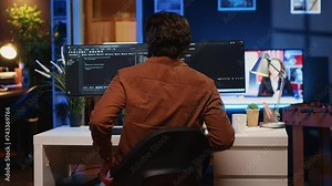 Engineer arriving in home office with mug of coffee in hand, ready to start coding using javascript. IT expert beginning remote work shift, holding cup of tea, updating company software, camera A