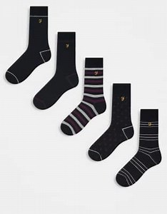 Farah 5-pack dress logo socks in black stripe and plain | ASOS