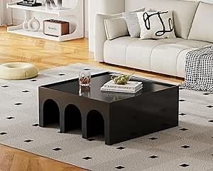 LKTART Black Coffee Tables,Multifunctional Modern Square Coffee Table&Book Shelf for Living Room,36" L