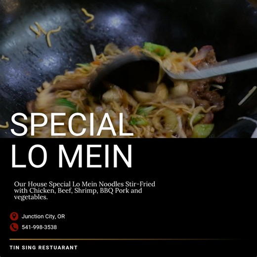 Hello Everyone! Try our House Special Lo Mein Noodles Stir-Fried with Chicken, Beef, Shrimp, BBQ Pork and vegetables. As always we're Open Tuesdays to Sundays from 11am to 10pm! 📍Located in Junction City, OR. . . . #cooking #chinesecuisine #junctioncity #chinesefood #localbusiness #cookingwithlove #Oregon #locallyowned #foodlover #goodfoodgoodvibes #stirfry #lomein #noodles #oregonian #goodfoodgoodvibes #wokcooking #cantonese #autumnvibes | Tin Sing Restaurant