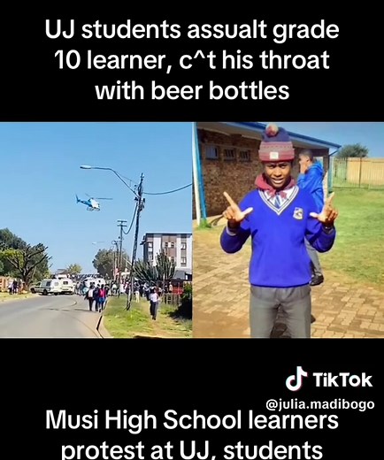 Musi High School learner Cebo Biyela,18 years, a grade 10 pupil from Pimville was allegedly k!lled by a group of University of Johannesburg (UJ) students on Tuesday. He was brutally m^rdered after a scuffle broke out between his schoolmates and five UJ students who had allegedly harassed them and taken away their beanies while on their way home after school. Cebo was allegedly assualted with a baseball bat and hit with empty beer bottles. He was then stabbed and his throat slit open #sama #sama2