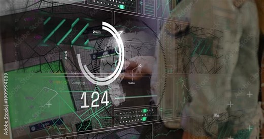 Woman inserting card, using keypad at ATM, animated ring counting then winding down security check