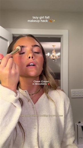 Lazy girl fall makeup = mastered 🍂✨ Get your fall essentials at Merle Norman Decatur! 📹: @avaconti_ Shown here: Cheek Crayon in Strawberry Lip Pencil Plus in Nearly Nude #MerleNorman #MerleGirl | Merle Norman Cosmetics Decatur Illinois