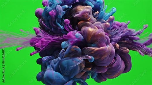 Ink drops merge to form celestial bloom with multiple ink drops forming abstract effect ad_ready green screen ink drop reveal style