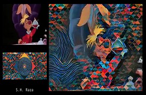 An "Alice In Wonderland" scene, in the style of 17 famous artists.