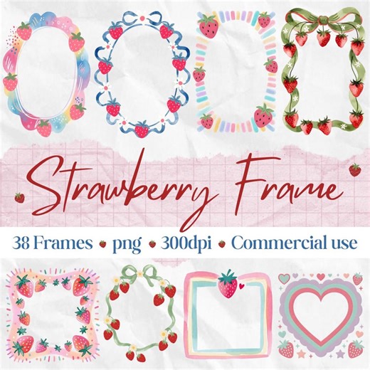 38 Strawberry Frame PNG Bundle | 300 DPI | Printable Digital Transparent Frames | Commercial Use - Etsy