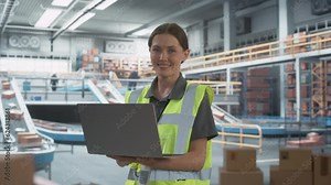 Modern Sorting Center: Female Stocking Associate Uses Laptop, Looking At Camera And Smiling. Transportation Logistics Warehouse Facility with Conveyor Loading Product Boxes To Deliver To Customers.