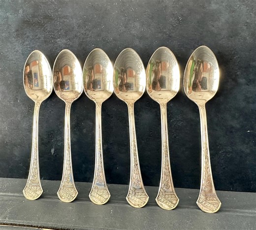 Antique Victorian Silver Plate Teaspoons, Set of 6 Matching Barbour Silver Co Coffee Spoons