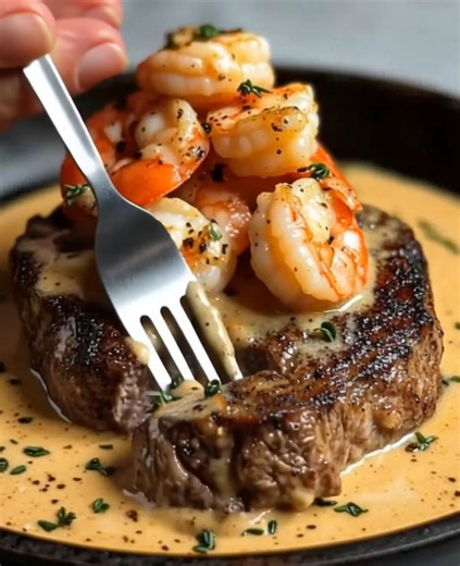 Creamy Garlic Steak topped with Shrimp 🥩🦐 Tender, buttery surf-and-turf — the ultimate date-night dinner idea. 📝 Ingredients: 2 thick-cut steaks (ribeye or filet) 12 large shrimp, peeled & deveined 3 tbsp unsalted butter 1 tbsp olive oil 4 garlic cloves, minced 1 cup heavy cream 1 tsp Dijon mustard (optional) 1 tsp paprika 1 tsp Italian seasoning Fresh thyme or parsley for garnish Salt & pepper to taste 🍴 How to prepare it: 1️⃣ Season and sear the steak: Cook steaks until crusted and juicy f