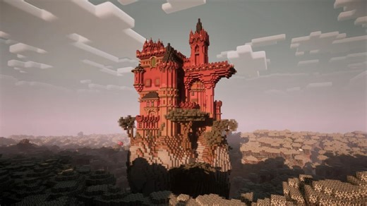 Minecraft player builds beautiful red-themed castle in middle of pale garden