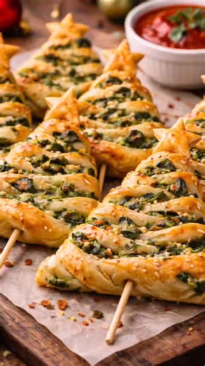 Baked Spinach & Cheese Christmas Tree Twists Flaky baked pastry twists filled with garlicky spinach and melty cheese, shaped like festive Christmas trees. Crispy edges, soft centre, perfect holiday party snack. Quick recipe: Mix finely chopped spinach with cheese, garlic, pepper, and salt. Spread on puff pastry, fold, cut into strips, shape into tree twists, brush lightly with butter or milk, and bake at 190°C until golden. A fun, elegant Christmas savoury that looks festive and tastes even bett